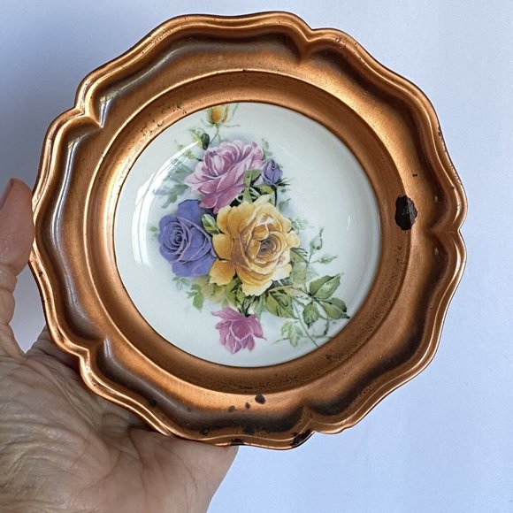 ALBERT GILLES Roses Ceramic Plate With Solid Copper Hanging Plate Rim Canada - Picture 3 of 7